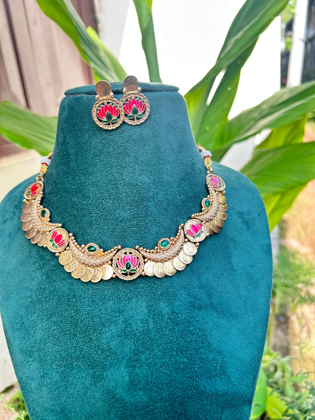 Cresent lotus coin necklace