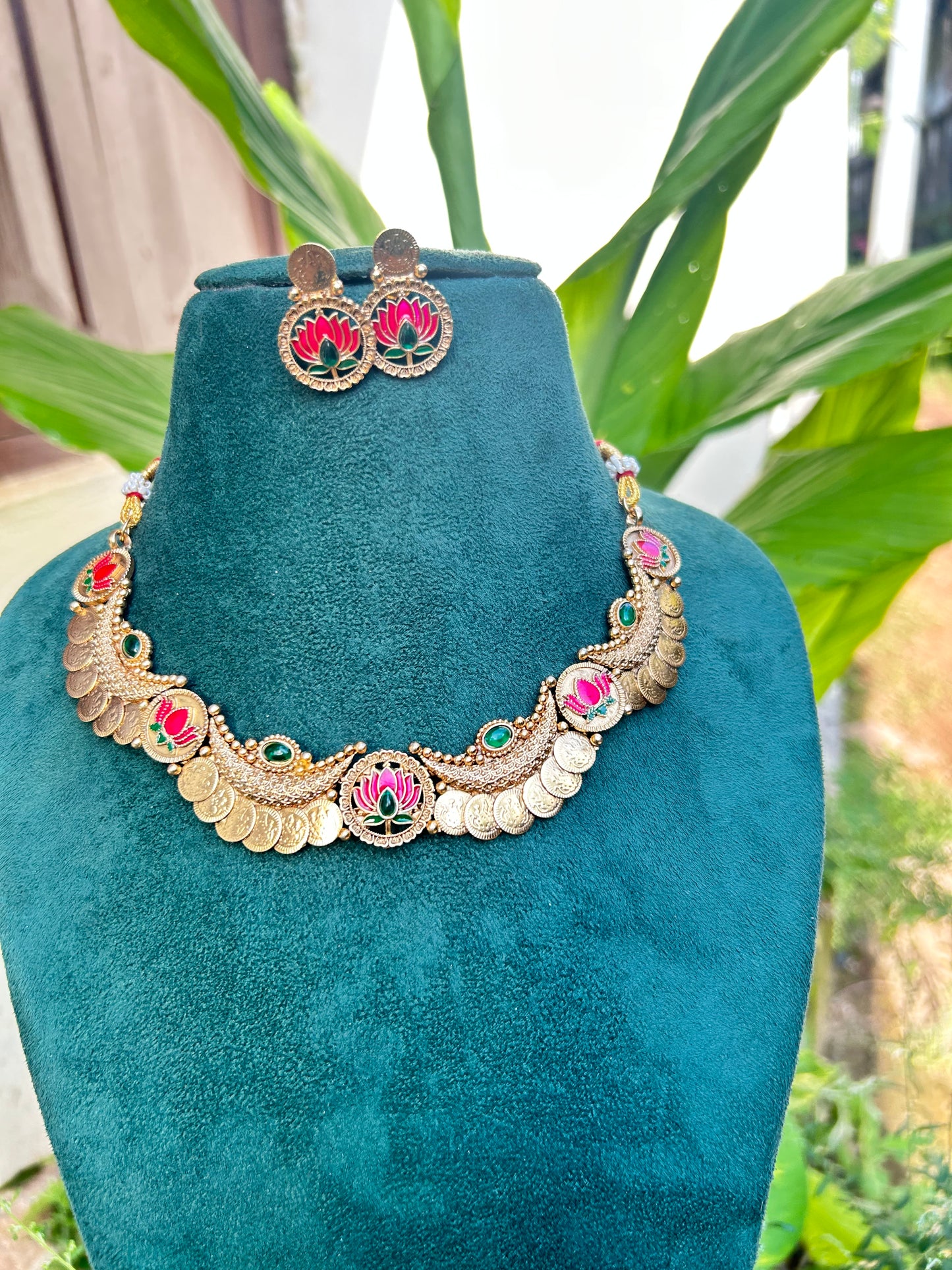 Cresent lotus coin necklace