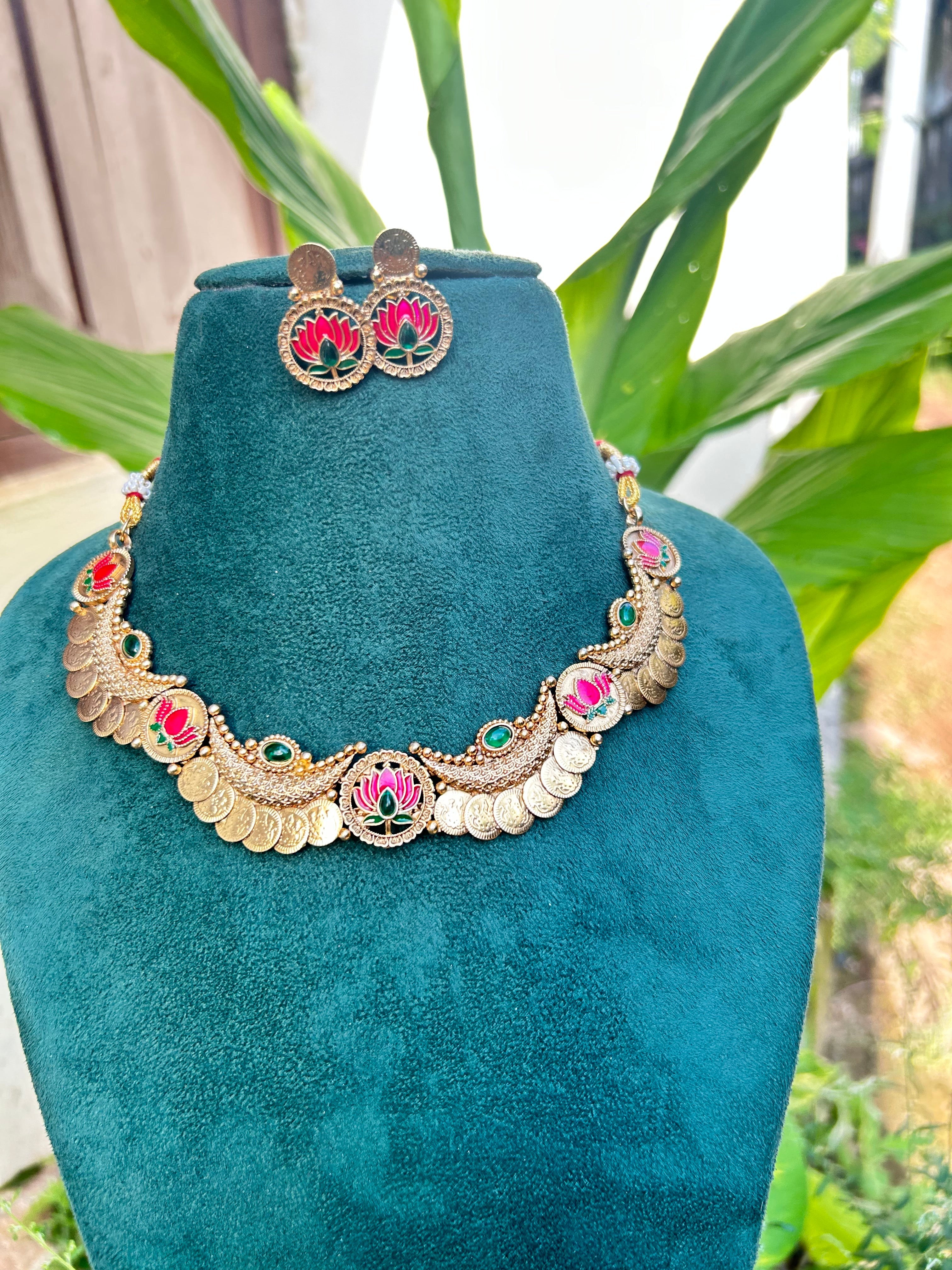 Cresent lotus coin necklace