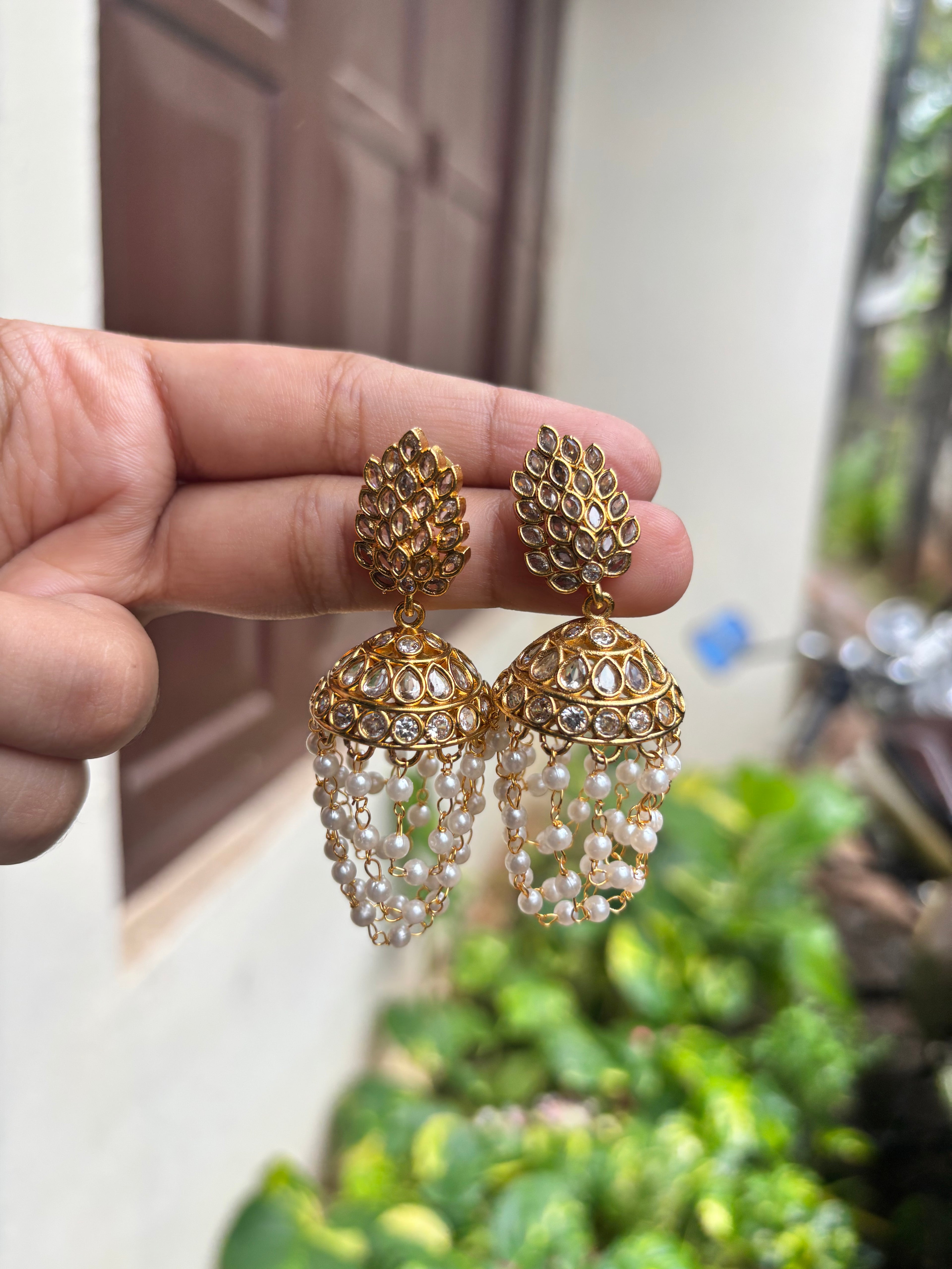 White hanging jhumkas