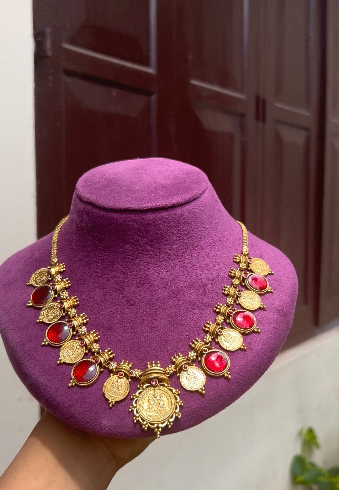 Red antique coin necklace