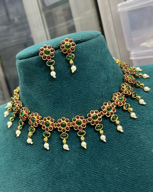 Floral pearl drops choker cum necklace